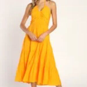 Lulus Chasing Sun Marigold Tiered Halter Midi Dress Size Small